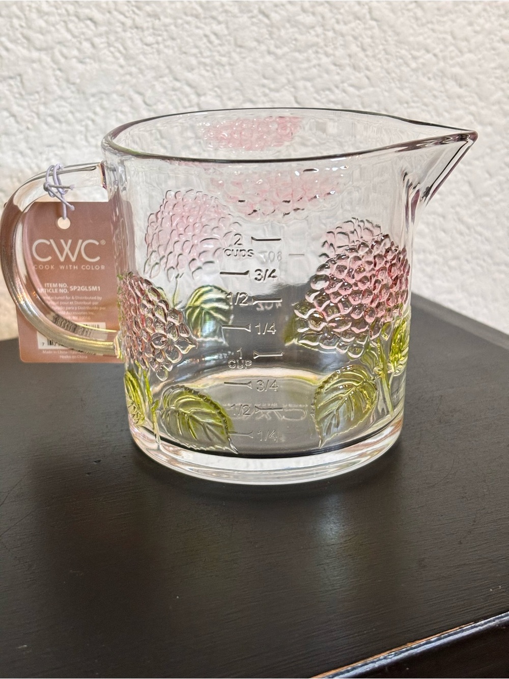 CWC Glass Measuring Cup 16oz ~ 2 Cups PINK HYDRANGEA Design NEW Microwaveable